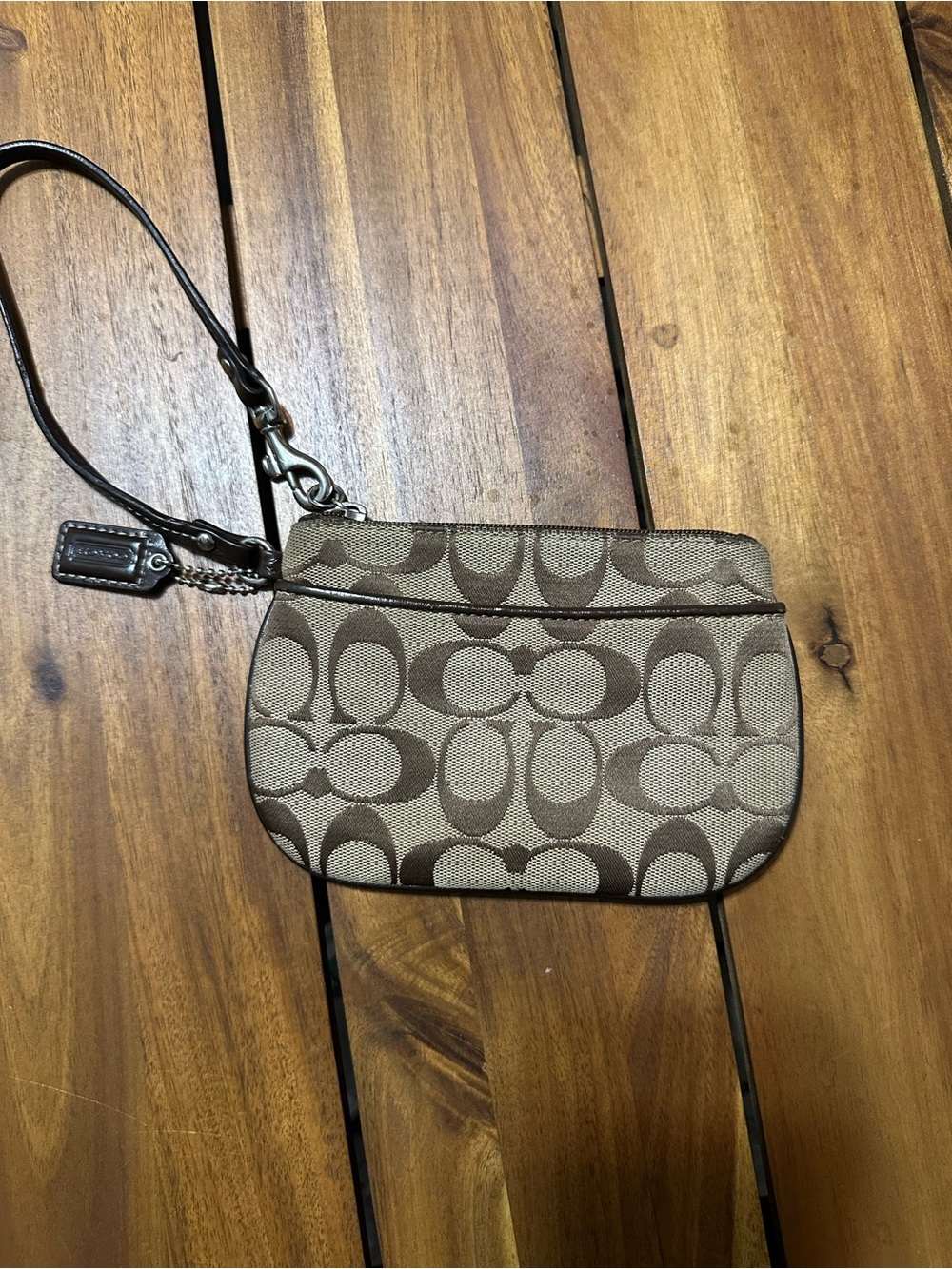 Coach Signature Jacquard Small Wristlet in Brown and Beige